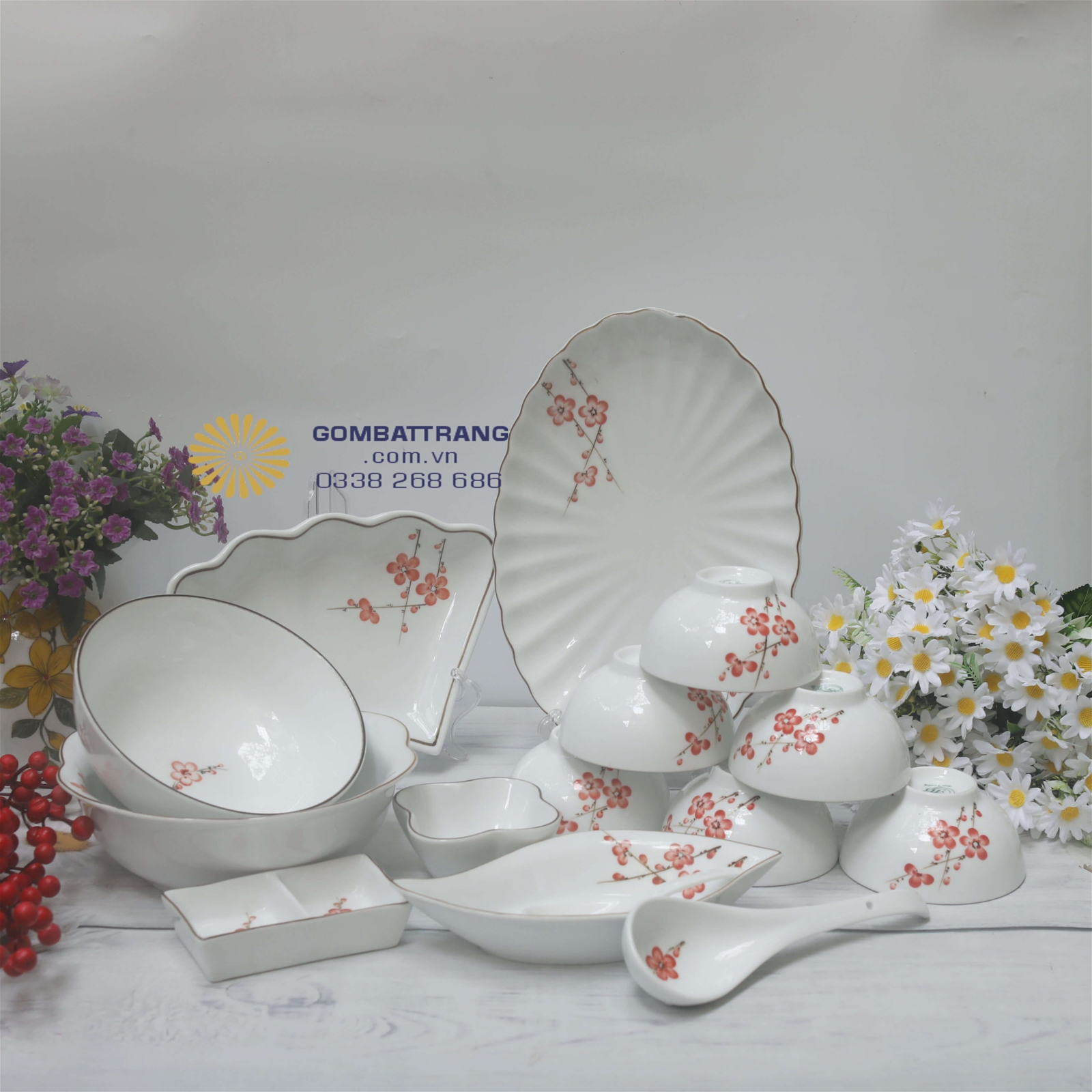 bộ bát đĩa đẹp tặng tân gia sứ trắng họa tiết hoa đào đỏ