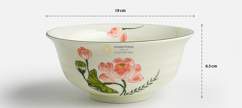 Bộ bát đĩa bát tràng hoa sen được bổ sung thêm các phụ kiện thiết yếu như bát tô loe phi 16cm và 19cm
