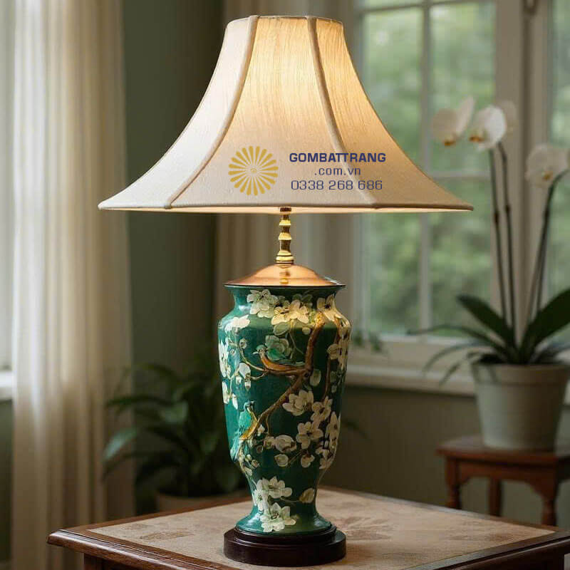 Đèn ngủ gốm sứ Bát Tràng – ánh sáng dịu nhẹ, thiết kế sang trọng cho phòng ngủ hiện đại.