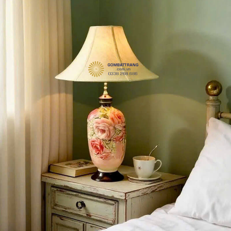 Đèn ngủ gốm sứ bát tràng mẫu đơn – phú quý, phát lộc cho gia đình