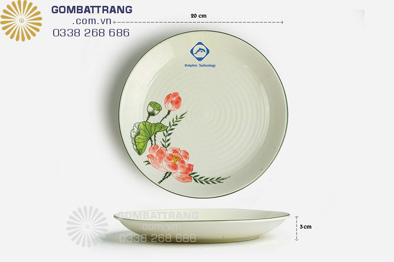 Bộ bát đĩa Bát Tràng hoa sen in logo với đĩa tròn đường kính D20 men trắng vẽ hoa sen rất đẹp