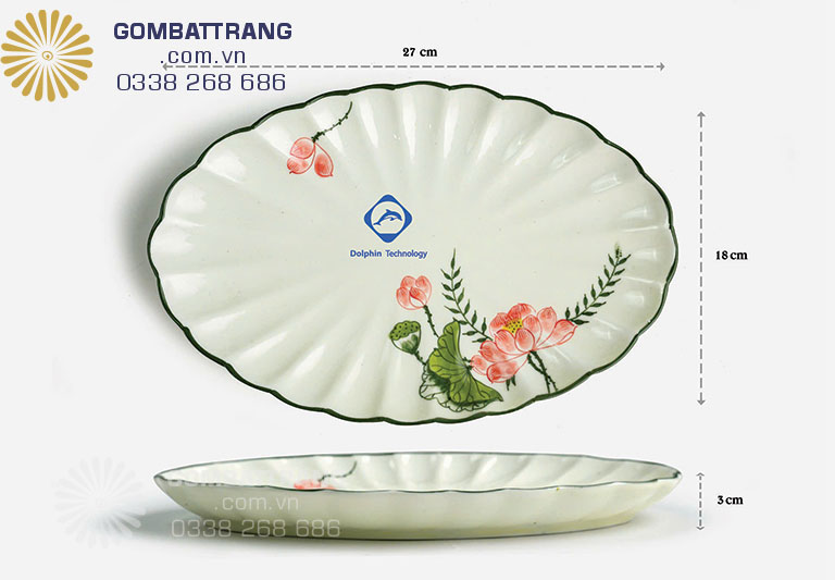 Đĩa bầu dục vẽ hoa sen