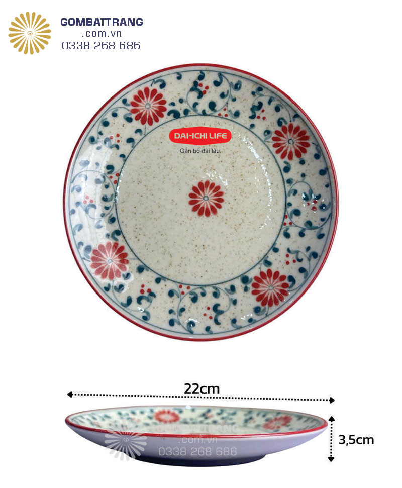 Đĩa tròn đường kính D22cm viền đỏ đô, vẽ hoa Cúc Cát Tường