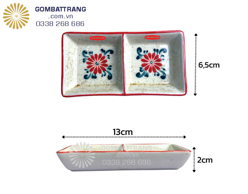 Đĩa chấm hình chữ nhật vẽ hoa Cúc Cát Tường