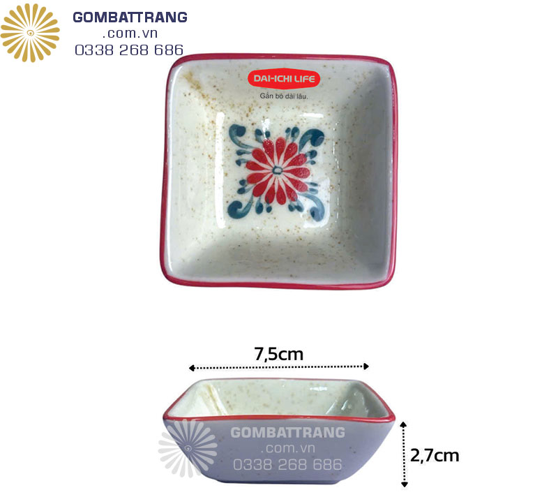Đĩa chấm vuông đường kính 7,5cm vẽ hoa Cúc Cát Tường