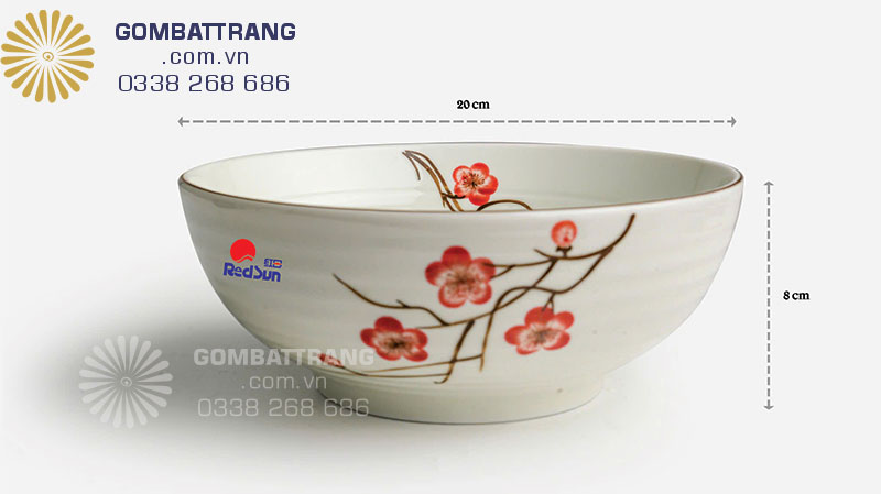Tô Canh đường kính 20cm vẽ hoa đào đò cả mặt trong và mặt ngoài