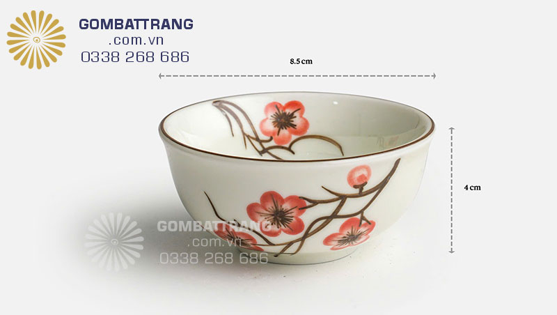 Bát đựng mắm Bát tràng, đường kính 8,5 cm vẽ hoa đào cả mặt trong và mặt ngoài
