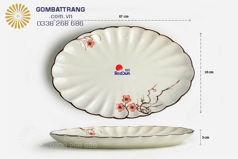 Đĩa bầu dục vẽ hoa đào đỏ