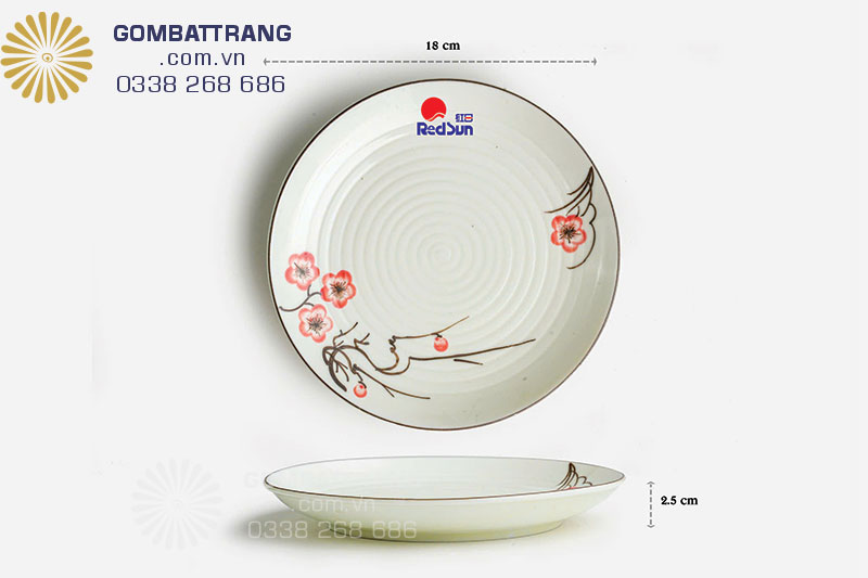 Đĩa tròn đường kính 18 cm vẽ tay hoa đào đỏ, đẹp sắc nét