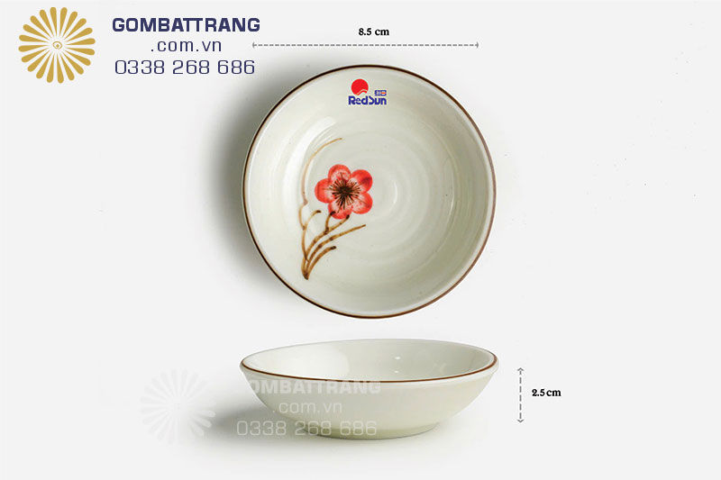 Đĩa muối tiêu gốm Bát Tràng vẽ hoa đào đỏ