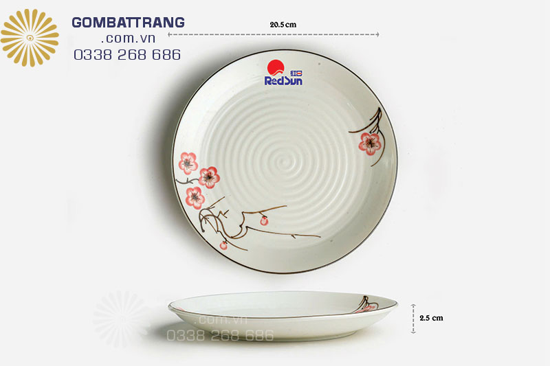 Đĩa tròn đường kính 20,5cm vẽ hoa đào đỏ
