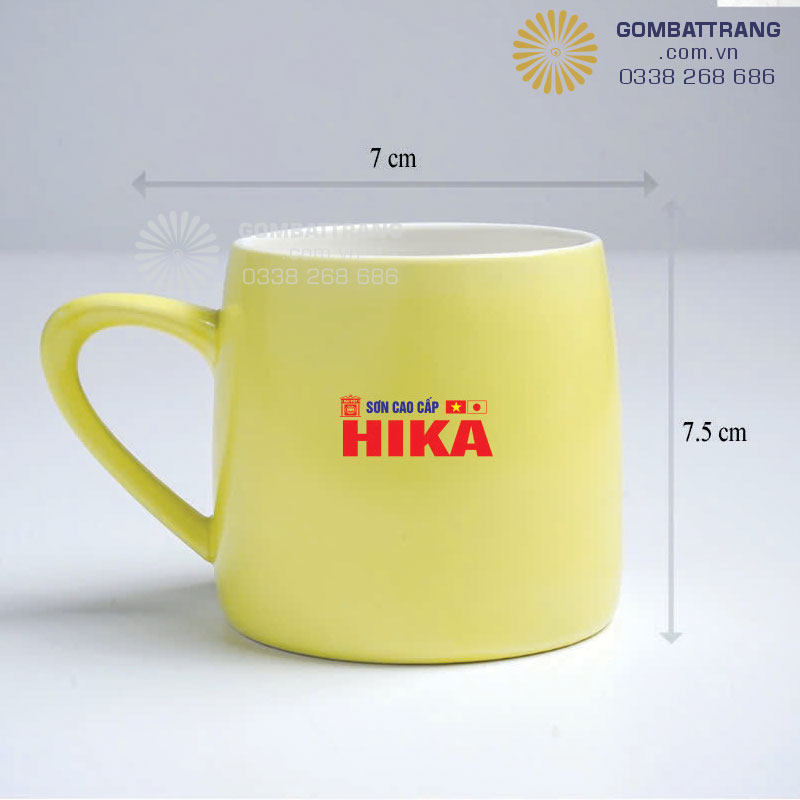 Cốc sứ men vàng bóng mịn, thiết kế đẹp, sứ sạch an toàn, rất bền, in logo đẹp sắc nét