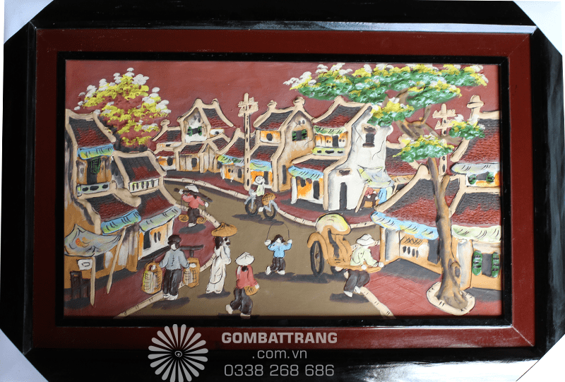 Tranh đất nung phố cổ nhộn nhịp, thể hiện nét sống sầm uất xưa.