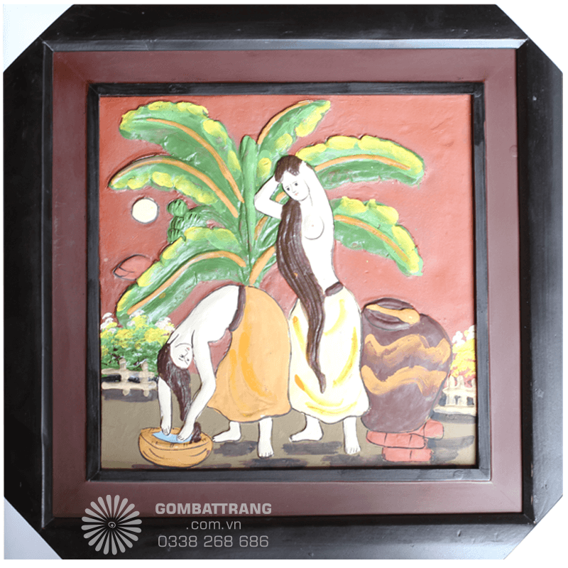 Thổi hồn quê Việt vào nhà bạn với tranh đất nung thiếu nữ gội đầu bên chum nước đồng quê.