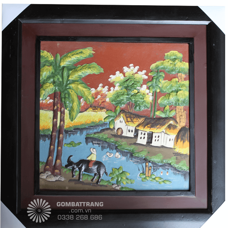 Tranh gốm Bát Tràng mô tả cảnh người nông dân cưỡi trâu, đậm chất quê hương Việt Nam.