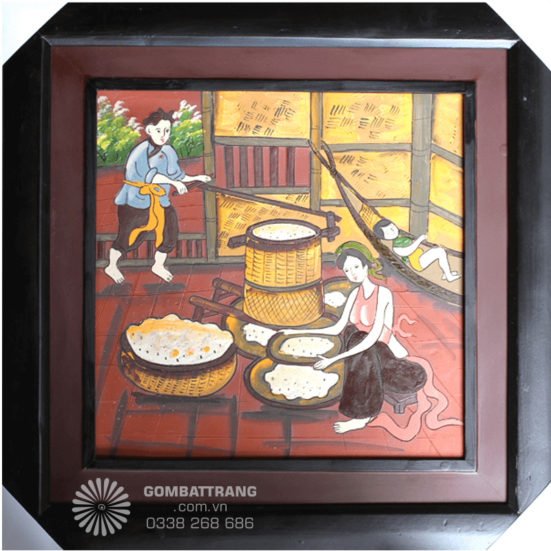 Cảnh vợ chồng giã gạo trong tranh gốm Phù Lãng thể hiện sự gắn bó, cần cù của người nông dân Việt xưa.